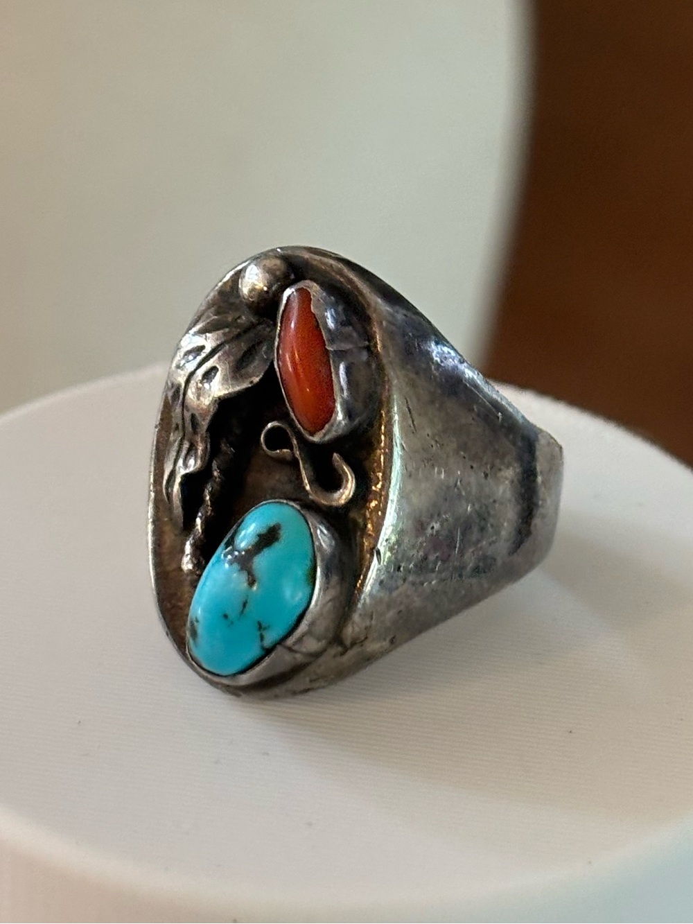 Vintage Sterling Silver Turquoise Coral Ring 10 Southwestern Native Old Pawn 21g - Picture 4 of 10